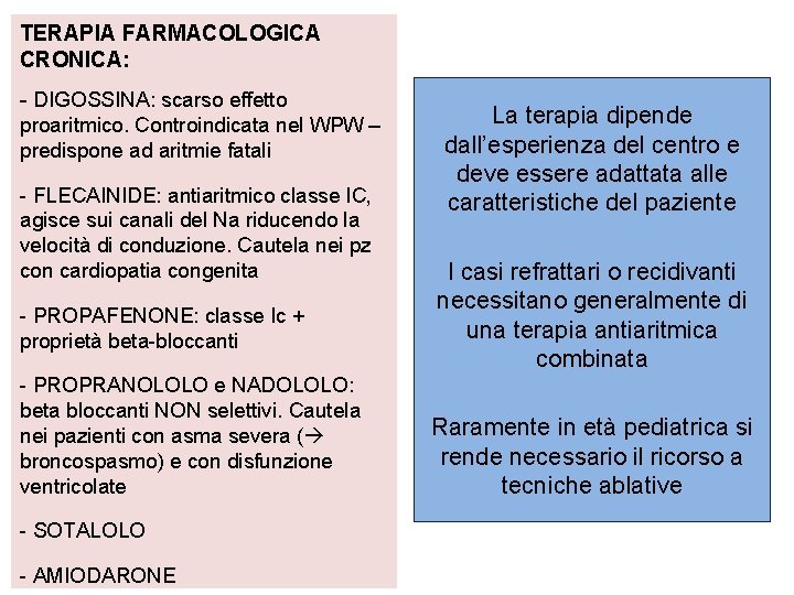 TERAPIA FARMACOLOGICA CRONICA: - DIGOSSINA: scarso effetto proaritmico. Controindicata nel WPW – predispone ad