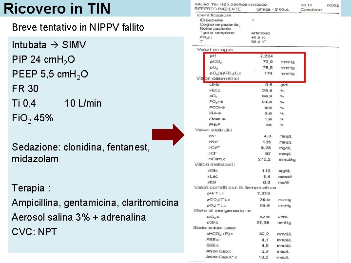 Ricovero in TIN Breve tentativo in NIPPV fallito Intubata SIMV PIP 24 cm. H