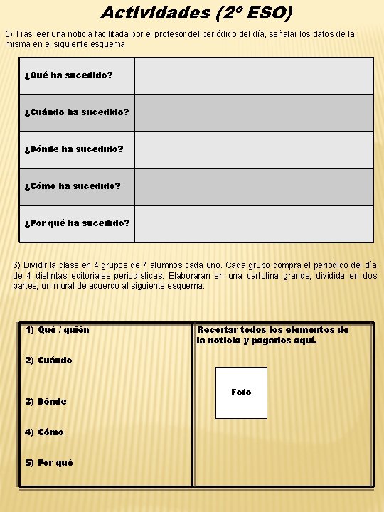Actividades (2º ESO) 5) Tras leer una noticia facilitada por el profesor del periódico Actividades (2º ESO) 5) Tras leer una noticia facilitada por el profesor del periódico