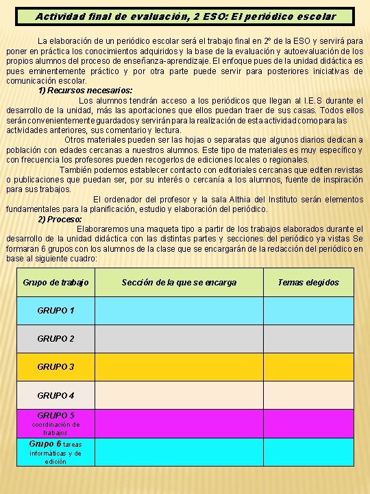 Actividad final de evaluación, 2 ESO: El periódico escolar La elaboración de un periódico Actividad final de evaluación, 2 ESO: El periódico escolar La elaboración de un periódico