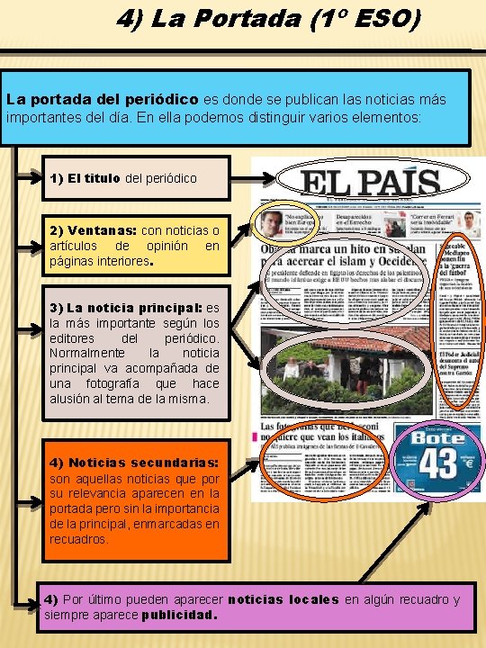 4) La Portada (1º ESO) La portada del periódico es donde se publican las 4) La Portada (1º ESO) La portada del periódico es donde se publican las
