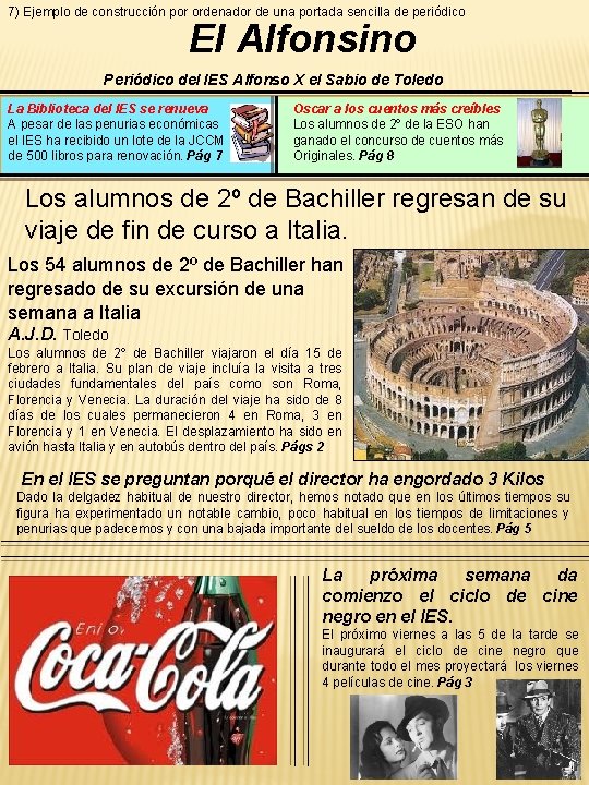 7) Ejemplo de construcción por ordenador de una portada sencilla de periódico El Alfonsino 7) Ejemplo de construcción por ordenador de una portada sencilla de periódico El Alfonsino