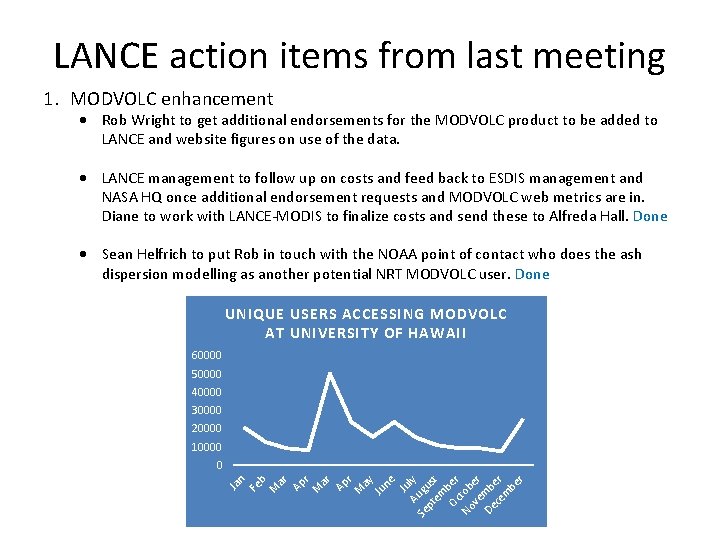 LANCE action items from last meeting 1. MODVOLC enhancement Rob Wright to get additional