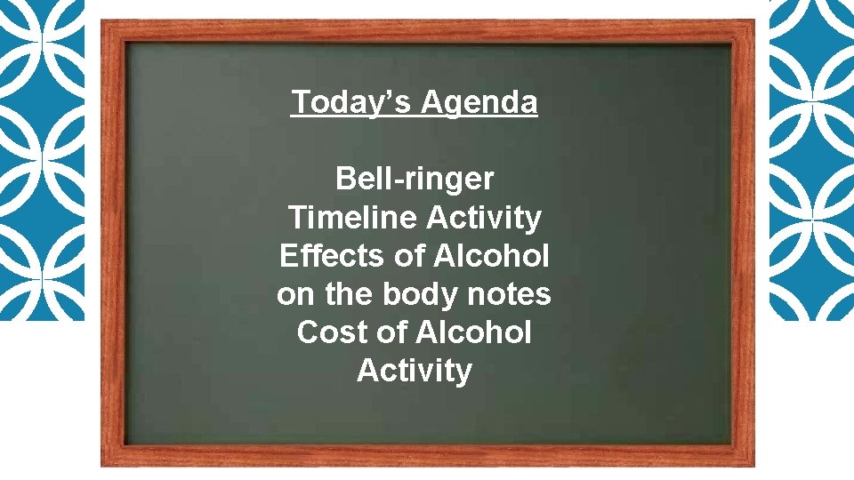 Today’s Agenda Bell-ringer Timeline Activity Effects of Alcohol on the body notes Cost of