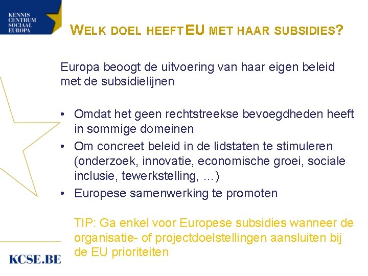 WELK DOEL HEEFT EU MET HAAR SUBSIDIES? Europa beoogt de uitvoering van haar eigen