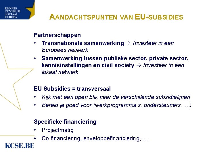 AANDACHTSPUNTEN VAN EU-SUBSIDIES Partnerschappen • Transnationale samenwerking Investeer in een Europees netwerk • Samenwerking
