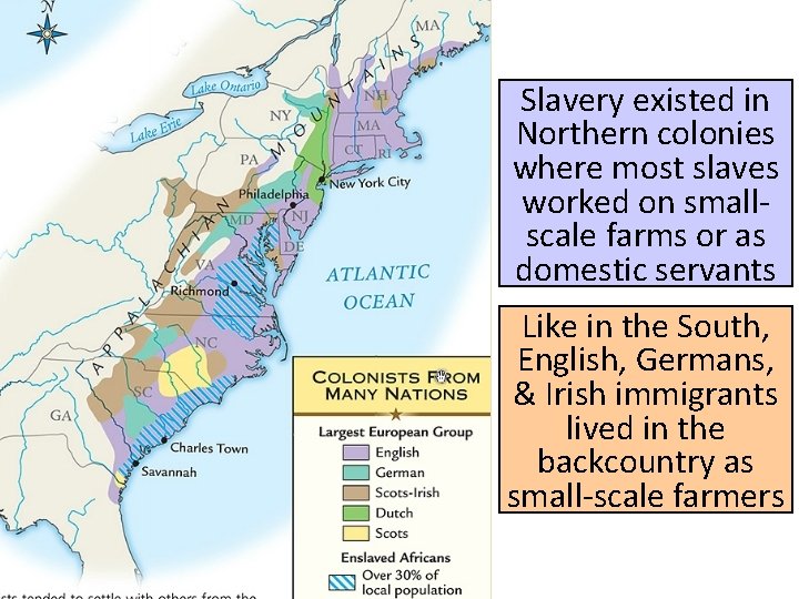 Slavery existed in Northern colonies where most slaves worked on smallscale farms or as