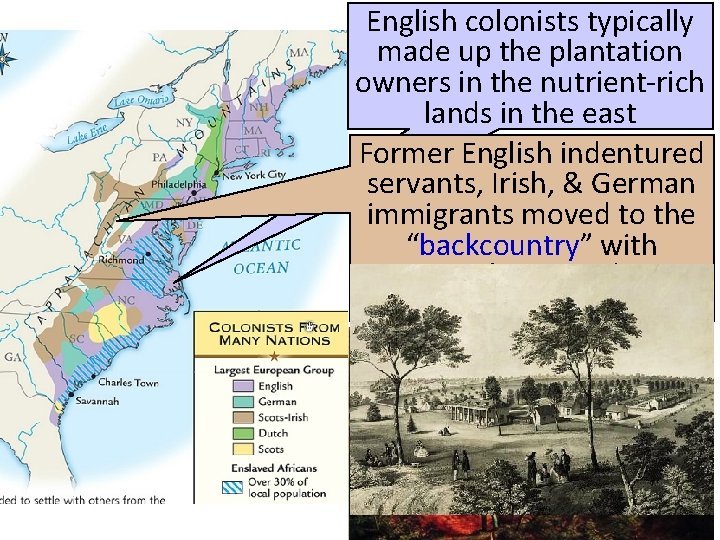 English colonists typically made up the plantation owners in the nutrient-rich lands in the