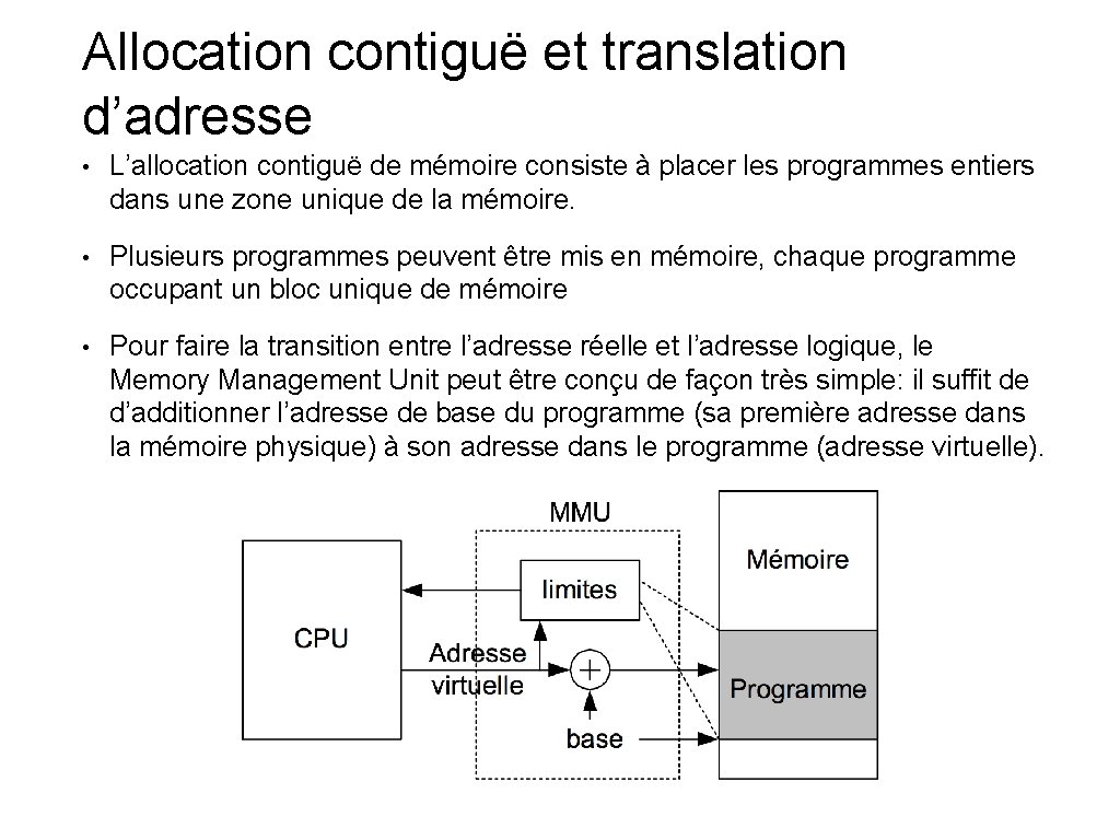 Allocation contiguë et translation d’adresse • L’allocation contiguë de mémoire consiste à placer les