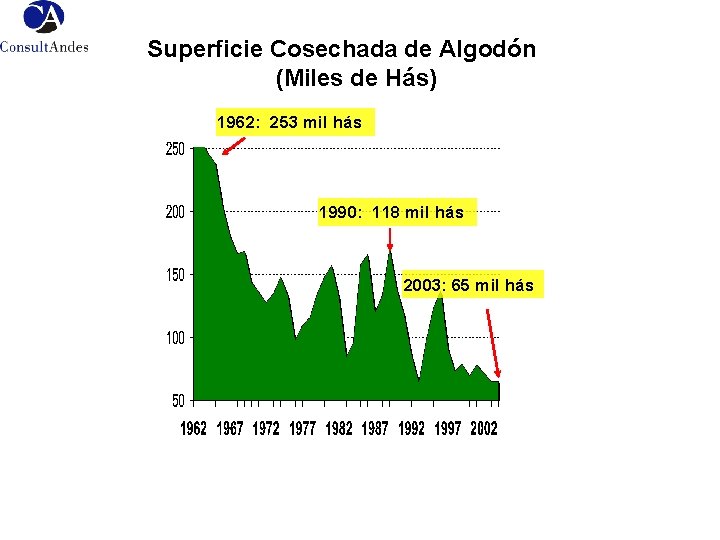 Superficie Cosechada de Algodón (Miles de Hás) 1962: 253 mil hás 1990: 118 mil