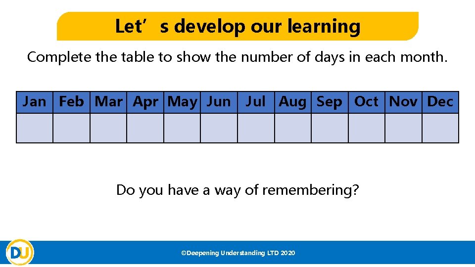 Let’s develop our learning Complete the table to show the number of days in