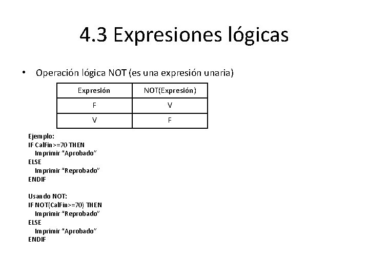 4. 3 Expresiones lógicas • Operación lógica NOT (es una expresión unaria) Expresión NOT(Expresión)