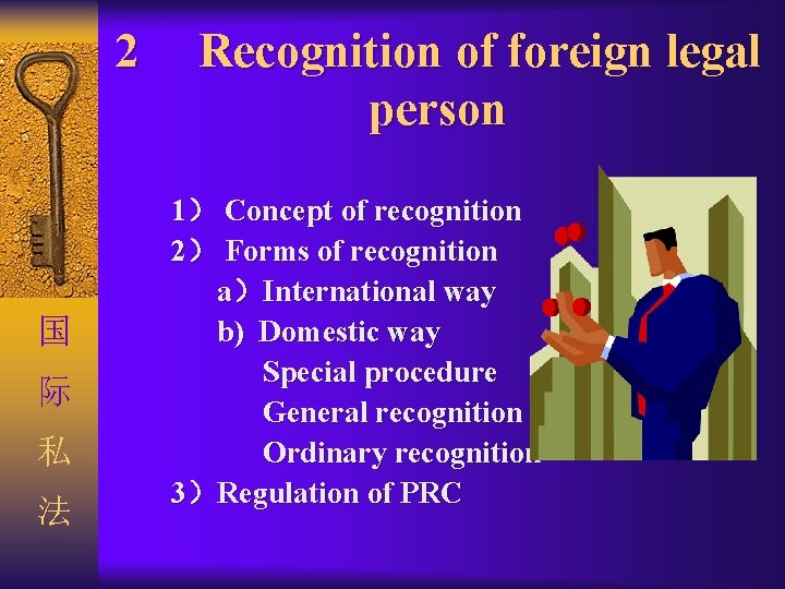 2 国 际 私 法 Recognition of foreign legal person 1） Concept of recognition