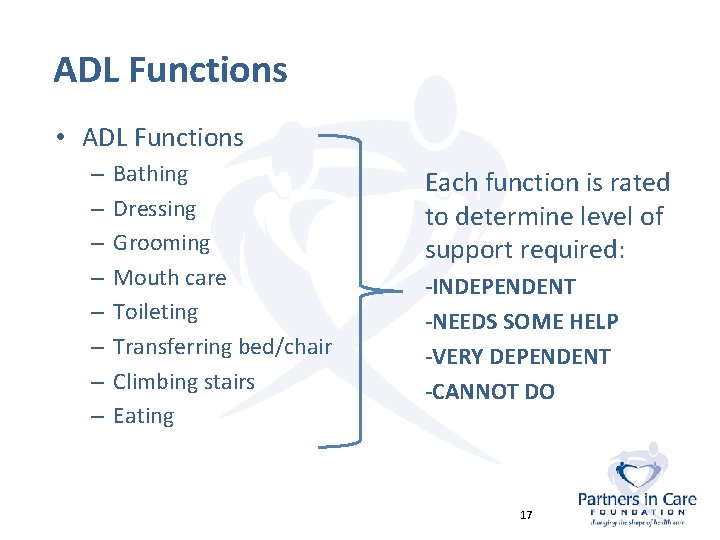 ADL Functions • ADL Functions – – – – Bathing Dressing Grooming Mouth care