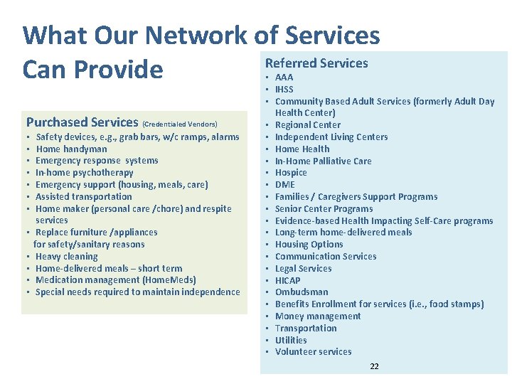 What Our Network of Services Referred Services Can Provide Purchased Services (Credentialed Vendors) •
