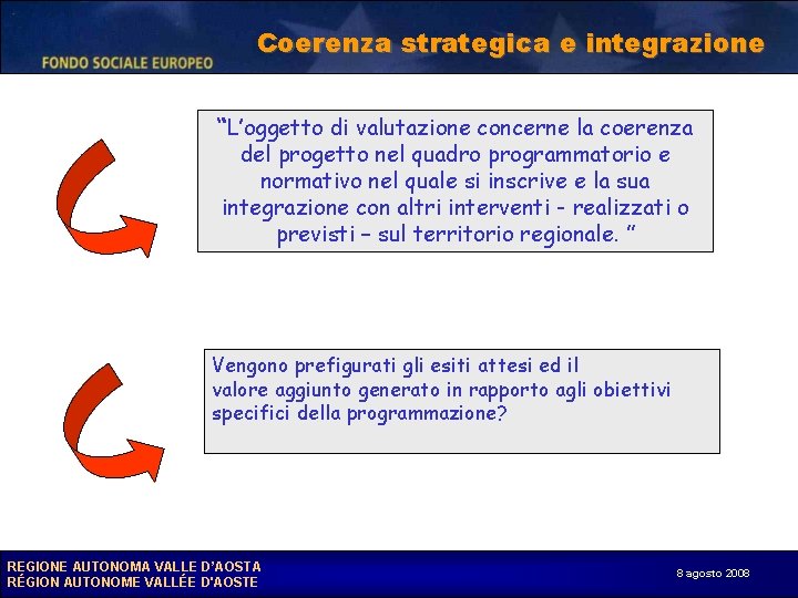Coerenza strategica e integrazione “L’oggetto di valutazione concerne la coerenza del progetto nel quadro