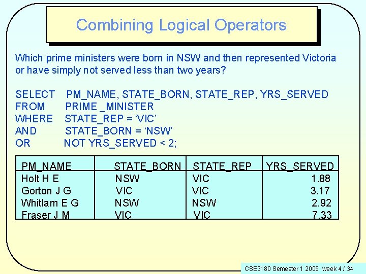 Combining Logical Operators Which prime ministers were born in NSW and then represented Victoria