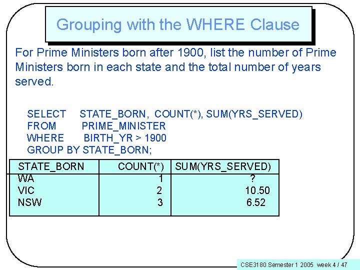 Grouping with the WHERE Clause For Prime Ministers born after 1900, list the number