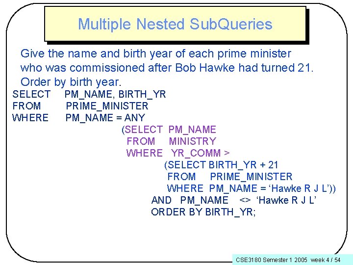 Multiple Nested Sub. Queries Give the name and birth year of each prime minister