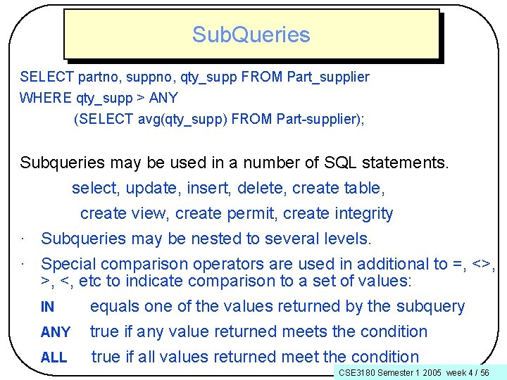 Sub. Queries SELECT partno, suppno, qty_supp FROM Part_supplier WHERE qty_supp > ANY (SELECT avg(qty_supp)