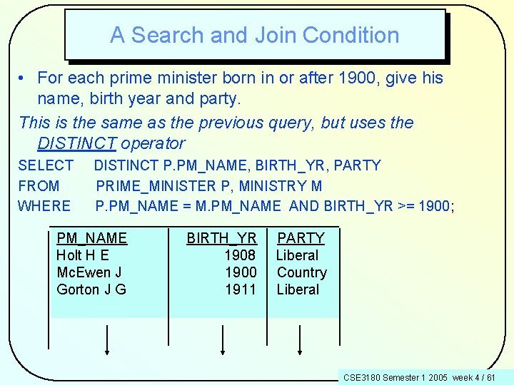 A Search and Join Condition • For each prime minister born in or after