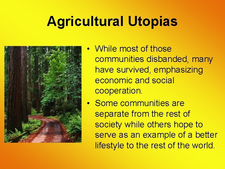 Agricultural Utopias • While most of those communities disbanded, many have survived, emphasizing economic
