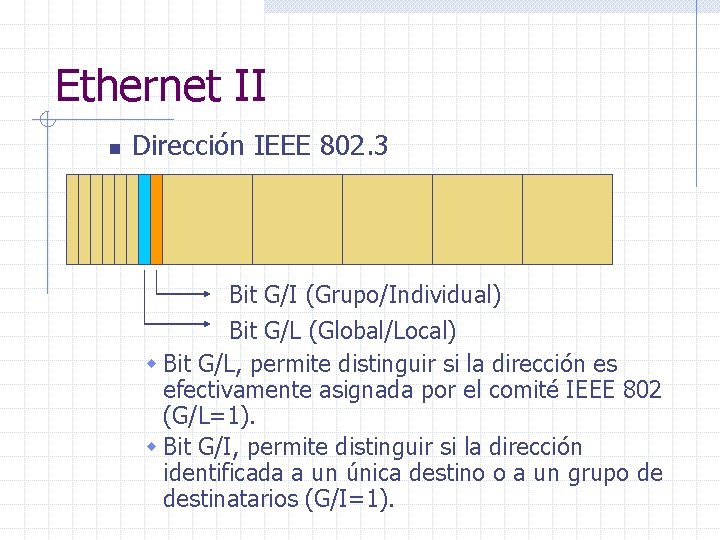 Ethernet II n Dirección IEEE 802. 3 Bit G/I (Grupo/Individual) Bit G/L (Global/Local) w