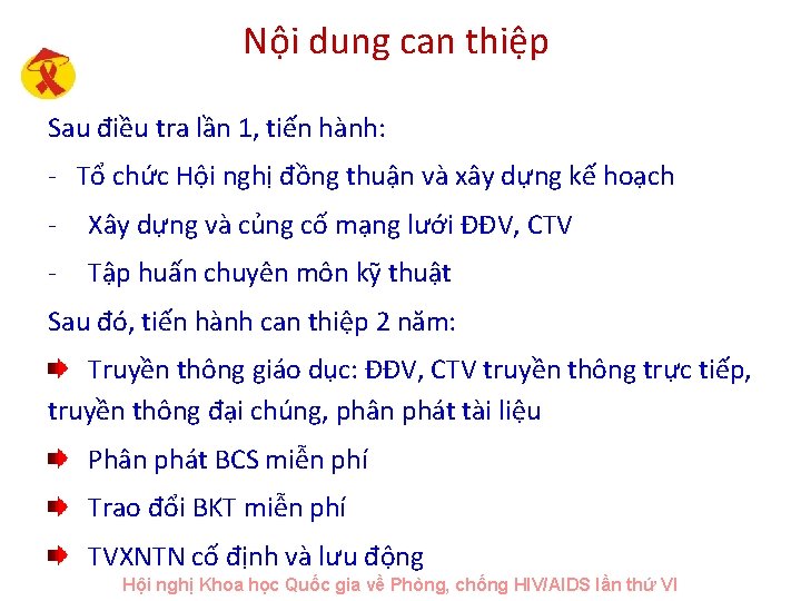 Nội dung can thiệp Sau điều tra lần 1, tiến hành: - Tổ chức