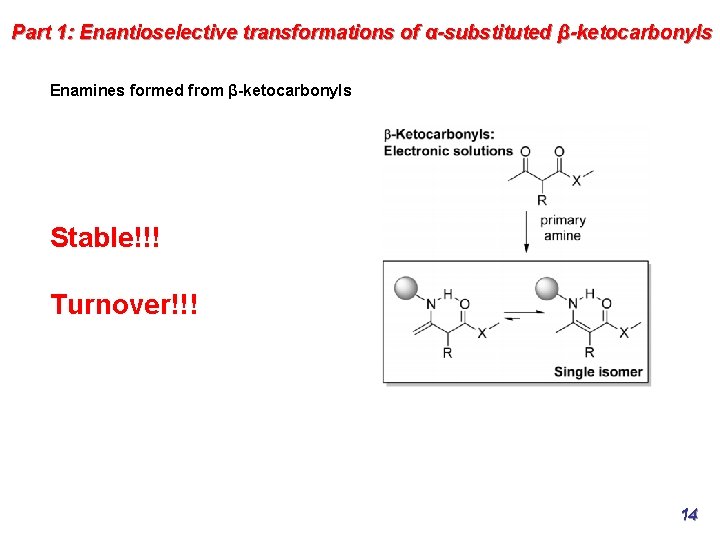 Part 1: Enantioselective transformations of α-substituted β-ketocarbonyls Enamines formed from β-ketocarbonyls Stable!!! Turnover!!! 14