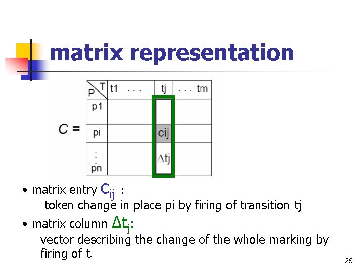 matrix representation • matrix entry cij : token change in place pi by firing
