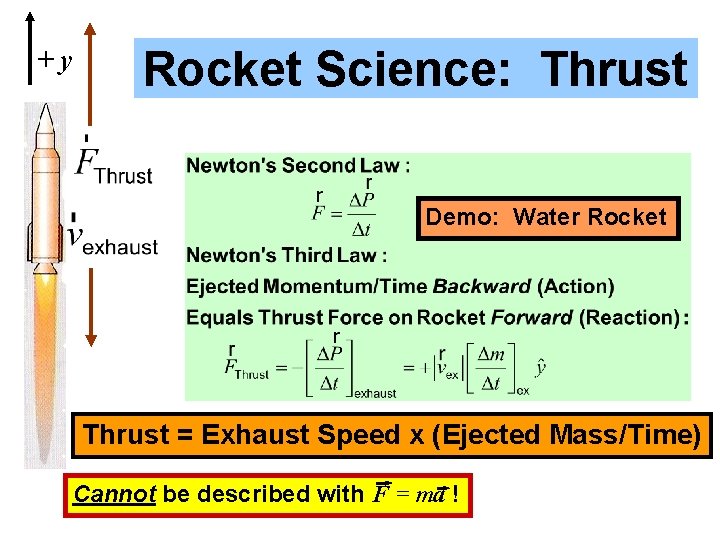 +y Rocket Science: Thrust Demo: Water Rocket Thrust = Exhaust Speed x (Ejected Mass/Time) +y Rocket Science: Thrust Demo: Water Rocket Thrust = Exhaust Speed x (Ejected Mass/Time)