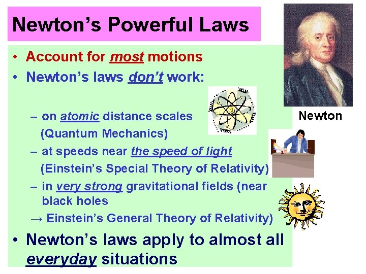 Newton’s Powerful Laws • Account for most motions • Newton’s laws don’t work: – Newton’s Powerful Laws • Account for most motions • Newton’s laws don’t work: –