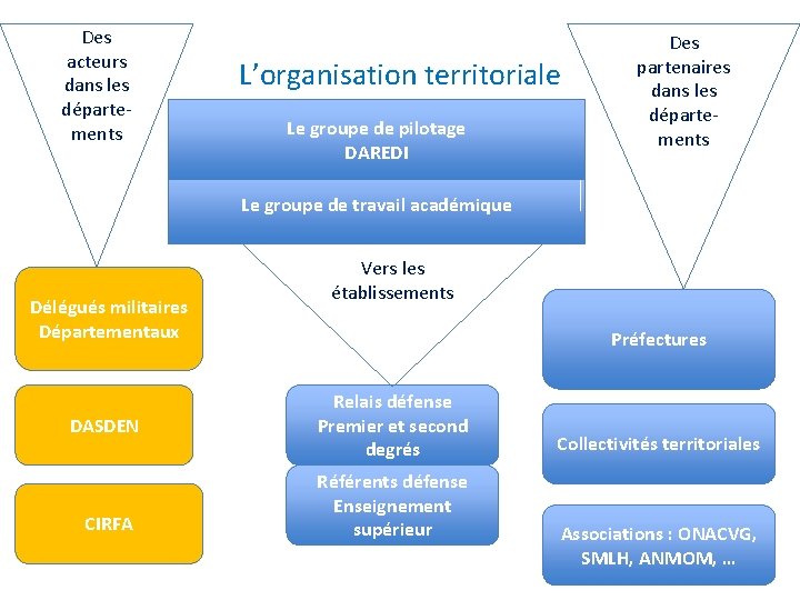 Des acteurs dans les départements L’organisation territoriale Le groupe de pilotage DAREDI Des partenaires