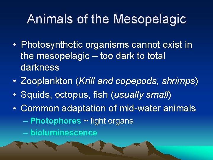 Animals of the Mesopelagic • Photosynthetic organisms cannot exist in the mesopelagic – too