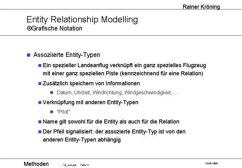 Rainer Kröning Entity Relationship Modelling ¤Grafische Notation n Assoziierte Entity-Typen n Ein spezieller Landeanflug