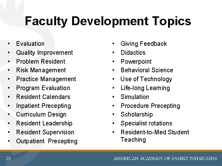 Faculty Development Topics • • • 20 Evaluation Quality Improvement Problem Resident Risk Management