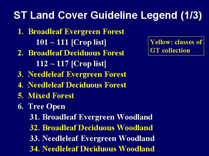 ST Land Cover Guideline Legend (1/3) 1. Broadleaf Evergreen Forest Yellow: classes of 101