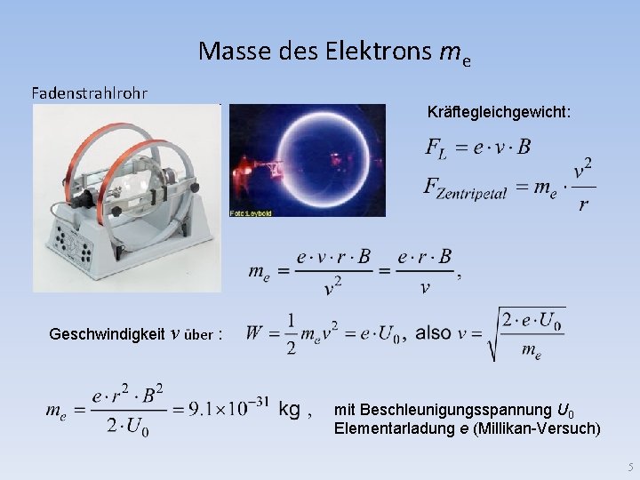 Masse des Elektrons me Fadenstrahlrohr Kräftegleichgewicht: Geschwindigkeit v über : mit Beschleunigungsspannung U 0
