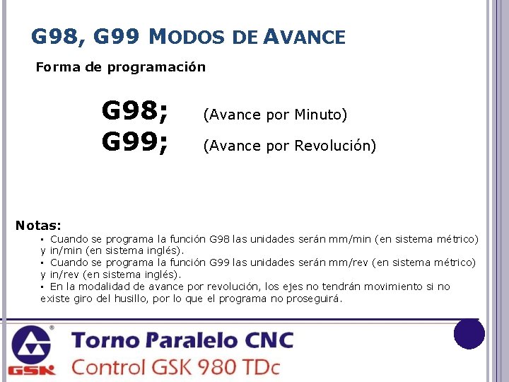 G 98, G 99 MODOS DE AVANCE Forma de programación G 98; G 99;
