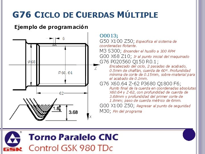 G 76 CICLO DE CUERDAS MÚLTIPLE Ejemplo de programación O 0013; G 50 X