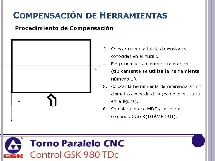 COMPENSACIÓN DE HERRAMIENTAS Procedimiento de Compensación 3. Colocar un material de dimensiones conocidas en