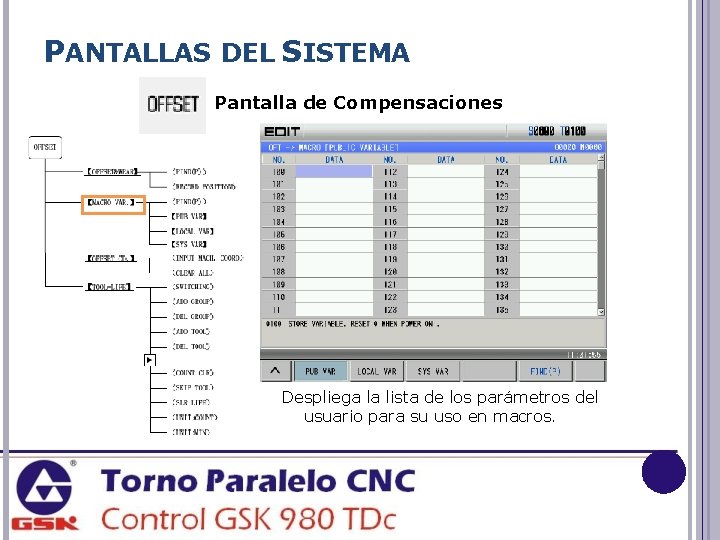 PANTALLAS DEL SISTEMA Pantalla de Compensaciones Despliega la lista de los parámetros del usuario