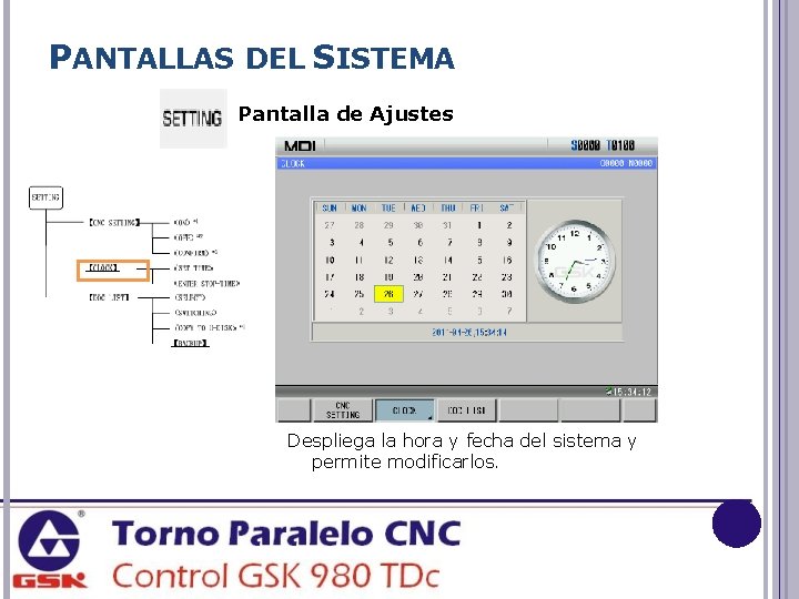 PANTALLAS DEL SISTEMA Pantalla de Ajustes Despliega la hora y fecha del sistema y