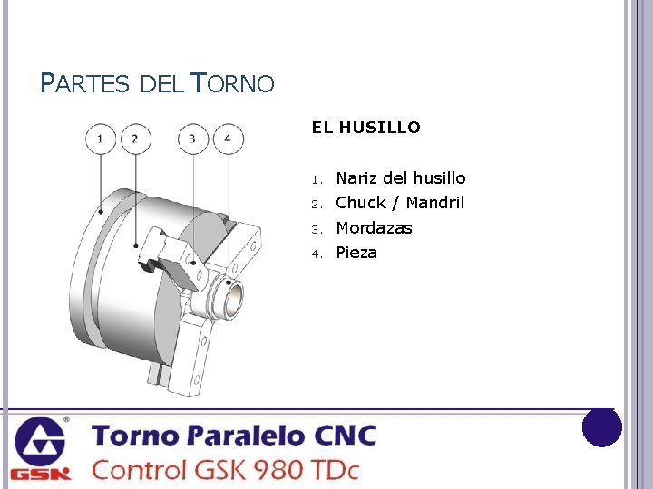 PARTES DEL TORNO EL HUSILLO 1. Nariz del husillo 2. Chuck / Mandril 3.