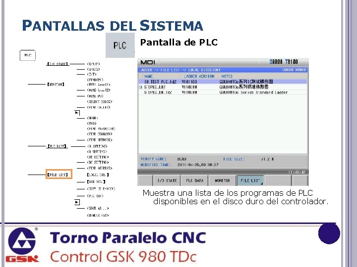 PANTALLAS DEL SISTEMA Pantalla de PLC Muestra una lista de los programas de PLC
