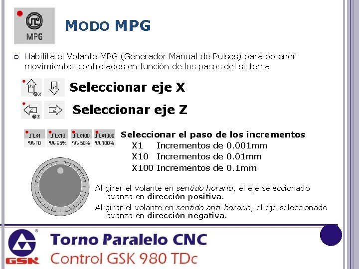 MODO MPG Habilita el Volante MPG (Generador Manual de Pulsos) para obtener movimientos controlados