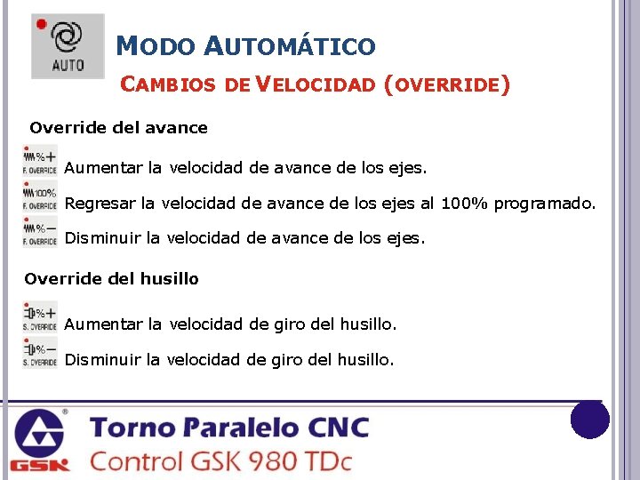 MODO AUTOMÁTICO CAMBIOS DE VELOCIDAD (OVERRIDE) Override del avance Aumentar la velocidad de avance