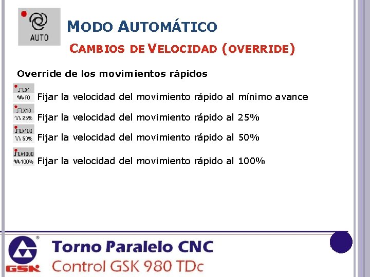 MODO AUTOMÁTICO CAMBIOS DE VELOCIDAD (OVERRIDE) Override de los movimientos rápidos Fijar la velocidad