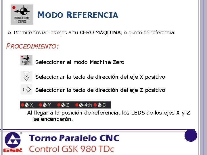 MODO REFERENCIA Permite enviar los ejes a su CERO MÁQUINA, o punto de referencia.