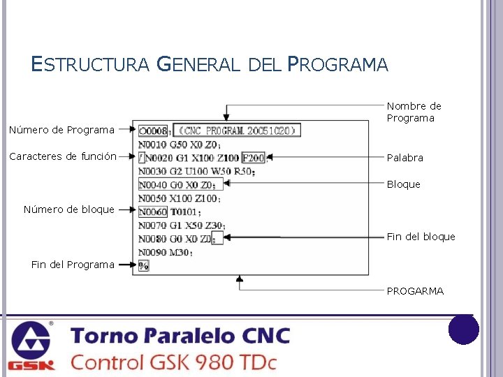 ESTRUCTURA GENERAL DEL PROGRAMA Nombre de Programa Número de Programa Caracteres de función Palabra